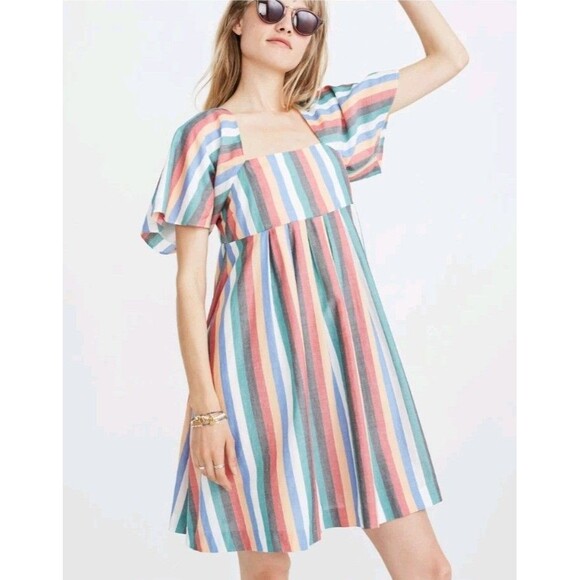 Madewell Festival Multicolored Stripe Cotton Bell Sleeve Dress sz L Boho Beach - Picture 1 of 12
